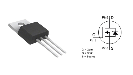 Follada de datos Mosfet IRLZ44N, circuíto, equivalente, pinout